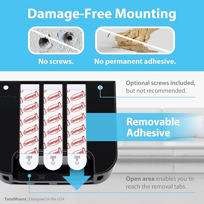 TotalMount Hole-Free Remote Holder – Eliminates Need to Drill Holes in Your Wall (for 2 or 3 Remote Controls – Black – Quantity 1)