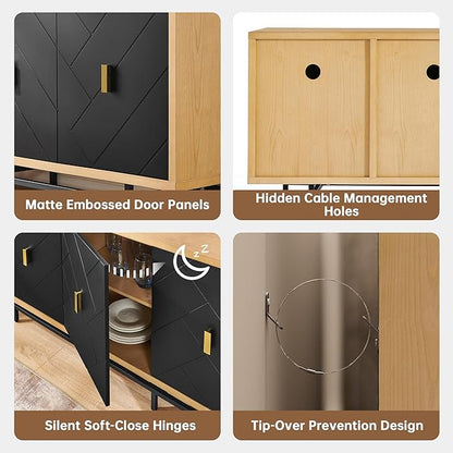 Morden Fort 74'' Modern Diamond-Cut Sideboard Buffet Cabinet | Sculptural Geometric Credenza with 150 LBS Heavy-Duty Storage | Natural Wood Look Console for Dining Room & Living Room.