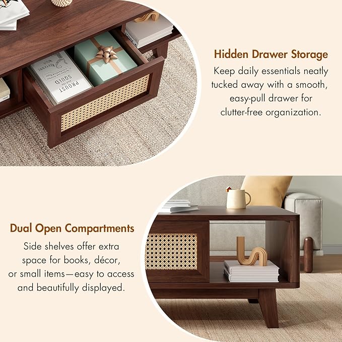 Soohow Coffee Table, Mid Century Living Room Tables with Storage, Modern Square with Rattan Drawer, Wooden Living Room Table with Solid Wood Leg