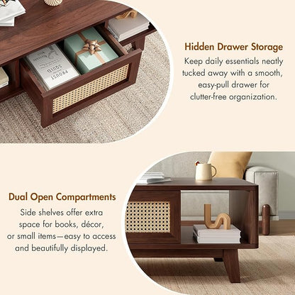 Soohow Coffee Table, Mid Century Living Room Tables with Storage, Modern Square with Rattan Drawer, Wooden Living Room Table with Solid Wood Leg