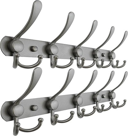 Dseap Coat Rack Wall Mounted - 5 Tri Hooks, Heavy Duty, Stainless Steel, Metal Coat Hook Rail for Coat Hat Towel Purse Robes Mudroom Bathroom Entryway (Grey, Pack of 2)