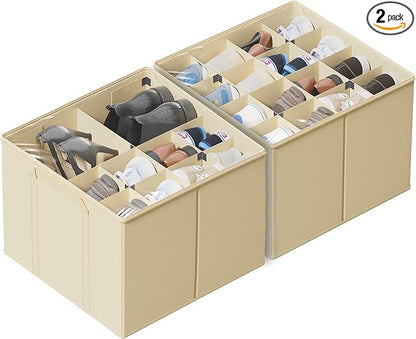SUOCO 2 Pack Shoe Organizer for Closet, Fits up to 32 Pairs, Small Space Shoe Storage Boxes Bins Containers w/Adjustable Dividers and Clear Top, Black, Beige