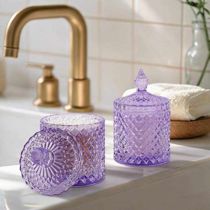 rejomiik 2 Pack Qtip Holder Thick Glass Apothecary Jars with Lid for Bathroom Decor Storage Organizer for Cotton Swabs, Balls, Pads, Floss Picks, Candy, Jewelry, Purple
