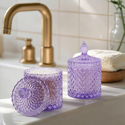 rejomiik 2 Pack Qtip Holder Thick Glass Apothecary Jars with Lid for Bathroom Decor Storage Organizer for Cotton Swabs, Balls, Pads, Floss Picks, Candy, Jewelry, Purple