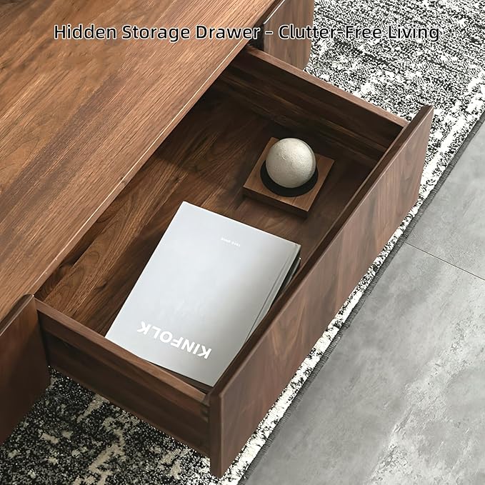 Luxury Wood Coffee Table with Hidden Drawer, Easy Installation Square Center Table for Living Room, Raised Edge Design, Premium Walnut Finish (39.37" Square Coffee Table)