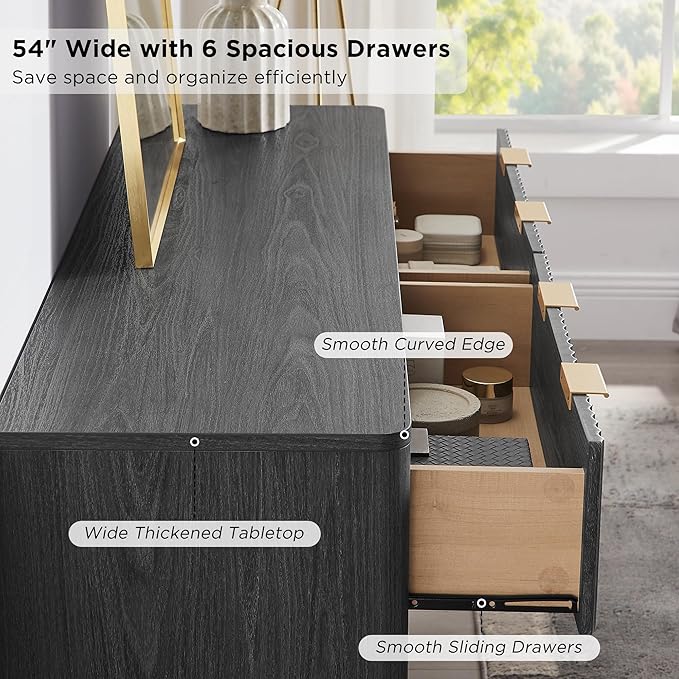 T4TREAM Fluted 6 Drawers Dresser, 54" Wide Modern Chest of Drawers, Curved Profile Design, Dresser TV Stand, Wood Drawer Organizer for Bedroom, Living Room, Hallway, Dark Alder
