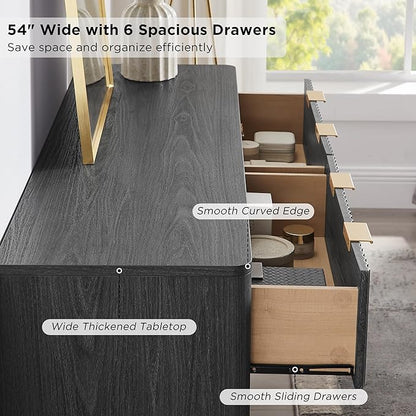 T4TREAM Fluted 6 Drawers Dresser, 54" Wide Modern Chest of Drawers, Curved Profile Design, Dresser TV Stand, Wood Drawer Organizer for Bedroom, Living Room, Hallway, Dark Alder