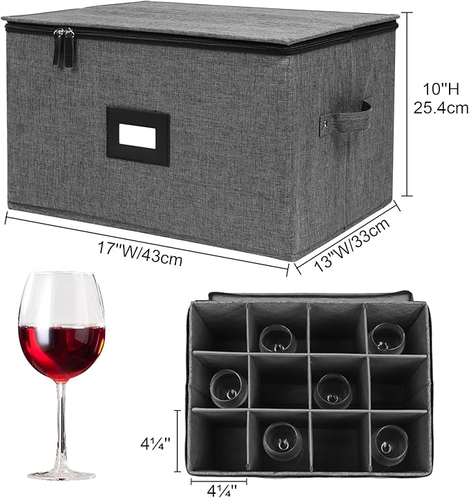 Wine Glass Storage Box with Dividers 2 Pack, Hard Top Stemware Storage Containers, Stackable Crystal Storage Containers for 24 Glassware Drinkware, with Handles for Moving/Home, 17"x13"x10" Black