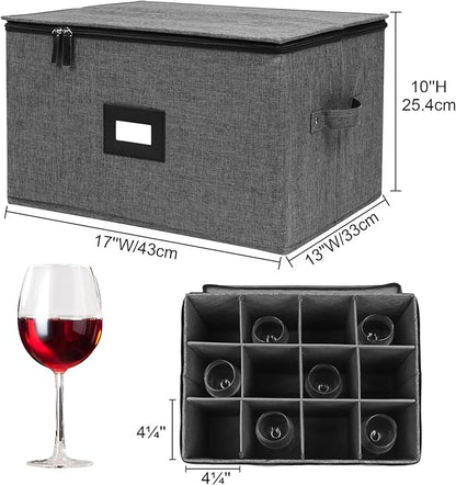 Wine Glass Storage Box with Dividers 2 Pack, Hard Top Stemware Storage Containers, Stackable Crystal Storage Containers for 24 Glassware Drinkware, with Handles for Moving/Home, 17"x13"x10" Black