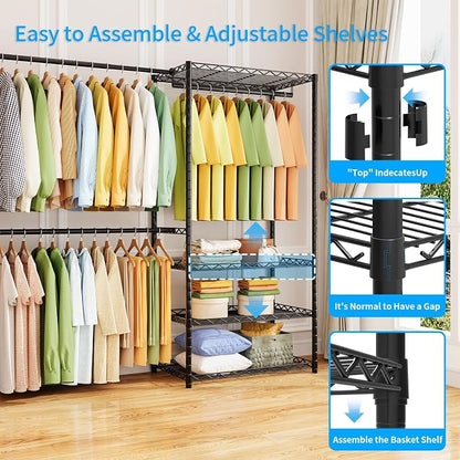 ecobedding Heavy Duty Garment Rack, 900LBS Max Load Freestanding Closet Organizer with 6 Storage Shelves & 3 Adjustable Hanging Rods, Multifunctional (Black, 15.75" D x (69.7~88.2)" W x 79.5" H)
