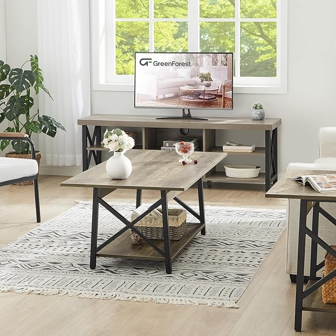 GreenForest Coffee Table with Storage, 39inch Modern 2-Tier Coffee Tables for Living Room, X-Frame Design Farmhouse Coffee Table Space Saving Living Room Small Tables, Easy Assembly, Grey Wash