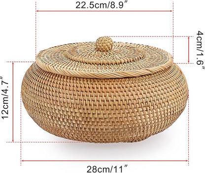 Hipiwe Round Rattan Boxes with Lid Natural Woven Storage Basket Bin Multi-Purpose Wicker Tray Weaving Decorative Shelf Basket Farmhouse Picnic Bread Fruit Table Storage Basket