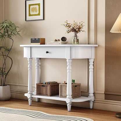 HMFULE Retro Curved Console Table, 36" Solid Wood Half Moon Console Table Sofa Table Entryway Table with 1 Drawer 1 Open Shelf Roman Legs Curved Corners for Living Room,Entryway,Hallway,White