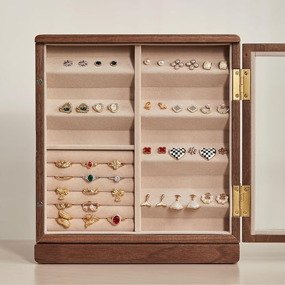 CHOSIN Black Walnut Wooden Jewelry Box, 360° Rotating Organizer with Glass Lid, 5 Drawers for Earrings, Rings, Necklaces – Vertical Jewelry Storage for Women Christmas Gifts