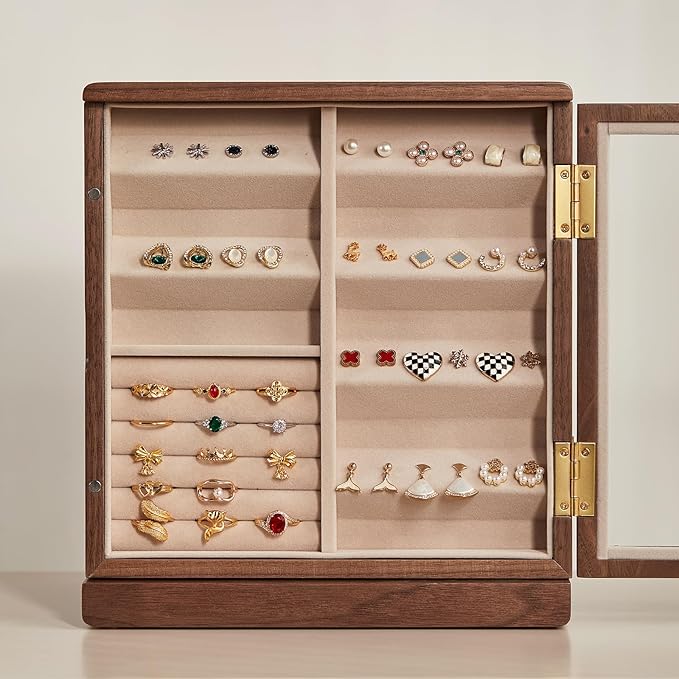 Black Walnut Wooden Jewelry Box - 360° Rotating Jewelry Organizer for Women with 5 Drawers for Rings,Necklaces,Earrings and Bracelets -Large Storage Case - Christmas Gift idea