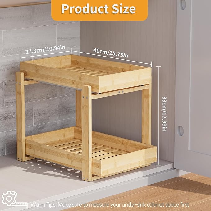 Bamboo Wood Under Sink Organizer 2 Pack, Pull Out Cabinet Organizer 2 Tier Under Sink Organizers and Storage with Sliding Drawer Sturdy Easy Assembly for Kitchen Bathroom Undersink, Natural