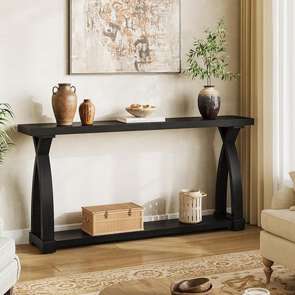 Solid Wood Console Table for Entryway, 63-Inch Narrow Farmhouse Couch Table Behind Sofa with 2-Tier Storage for Entrance, Foyer, Living Room, Long, Black (Black)