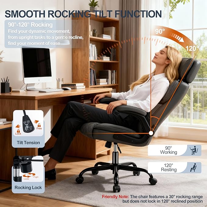 Office Chair with Adjustable Headrest, Faux Leather Executive Home Office Desk Chairs with Ergonomic Back Support, Padded Flip-Up Armrests, Swivel Rolling Computer Chair for Work, Study, Gray