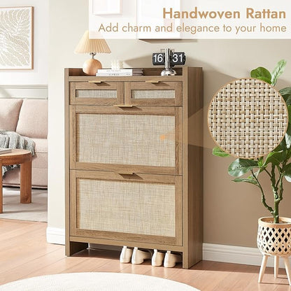 Rattan Shoe Storage Cabinet with 2 Drawers & 2 Flip Drawers – Hidden Slim Shoe Organizer for Entryway, Large Tabletop Space, Farmhouse Boho Narrow Shoe Rack, Rustic Oak