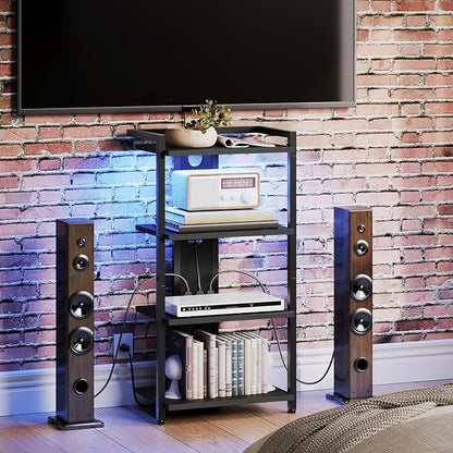 HOOBRO Game Console Shelf, 4-Tier Video Gaming Consoles Stand with Outlet & RGB Light, Audio Rack Tower for Turntable, Stereo Equipment, Wooden Entertainment Storage Stand, Black BB38UDCJ01