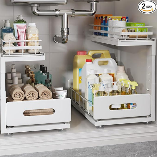 Under Sink Organizer Upgrade To Professional Rails,2-Tier Dual Pull Out Cabinet Storage,Height Adjustable Slide Out Drawers For Bathroom Kitchen,2 Pack-14.5" Dx12.8-16.9" H,White