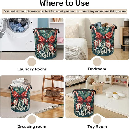 Merry Christmas Laundry Basket - Heavy Duty 60L Dirty Clothes Organizer, Water Resistant Foldable Hamper for Men Women