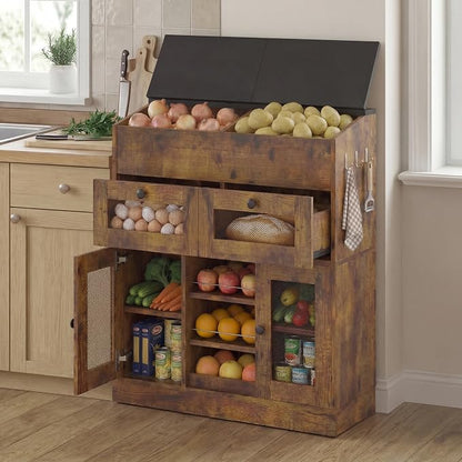 Wooden Potato and Onion Storage Bin with Lid, Potato Bin with 2 Mesh Drawers, 5-Tier Fruit & Vegetable Cabinet with Mesh Doors, Rustic Kitchen Organizer with Adjustable Shelves for Pantry (31.9")