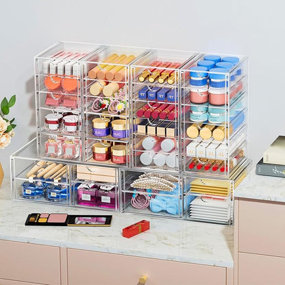 caktraie 2 Pack Desk Organizers, Makeup Organizer Storage with 7 Drawers, Desktop Office Supplies, Clear Desk Accessories, Dustproof Drawer Organizer and Storage for Make Up, Jewelry, Pen