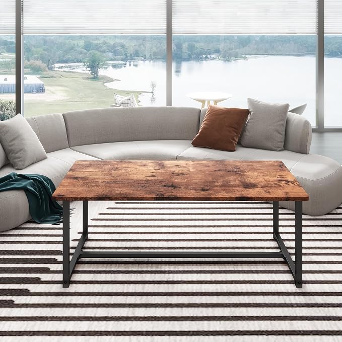 35.4" Rectangular Coffee Table for Living Room, Modern Industrial Style Coffee Table Center Table with Metal Frame for Small Space, Apartment, Office, Easy Assembly, Brown