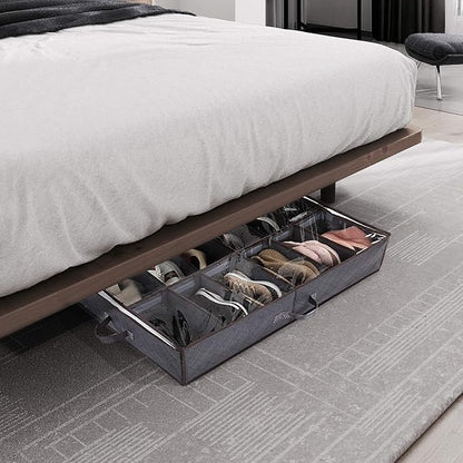 Under Bed Shoe Storage Organizer, Set of 2, Sturdy Structure, Adjustable Dividers, Reinforced Handle, Sturdy Zipper, Underbed Storage Solution with Clear Window, Breathable, Gray