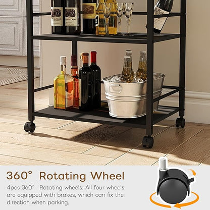 3 Tier Kitchen Cart, Rolling Bar Cart for Tea, Coffee, Liquor, and Drink Service with Removable Serving Detachable Server, Black