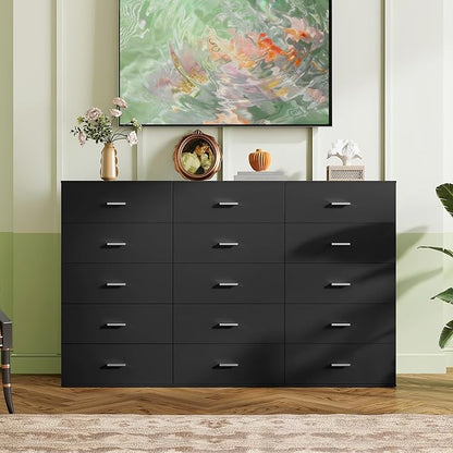 WLIVE Tall Dresser for Bedroom, Wood Chest of Drawers with Mental Handles, Black Bedroom Dresser with 5 Drawers, Modern Minimalist Closet Store Organizer for Living Room, Hallway