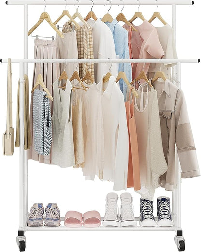 Calmootey Double Rod Clothing Garment Rack,Rolling Hanging Clothes Rack,Portable Clothes Organizer for Bedroom,Living Room,Clothing Store,White