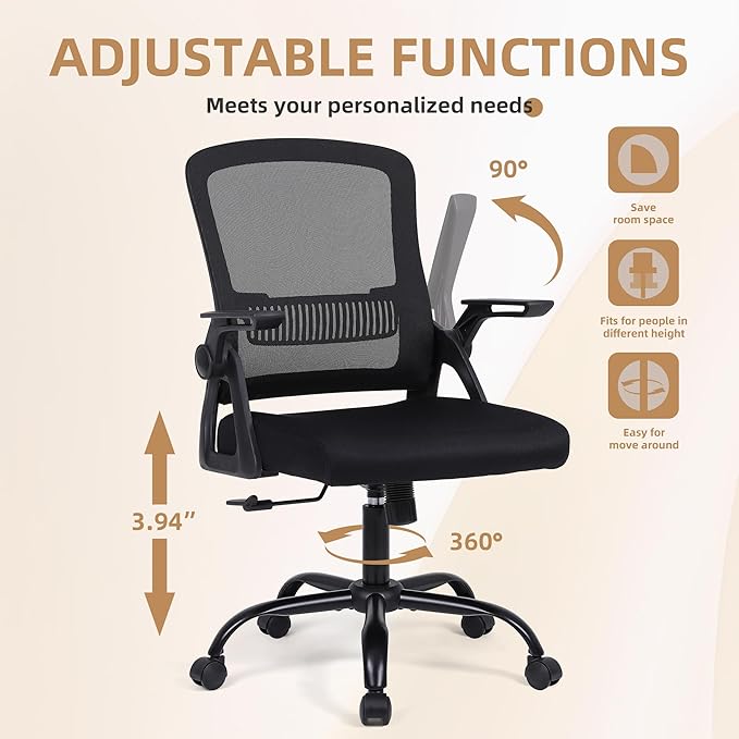 Office Chair, Ergonomic Desk Chair with Lumbar Support, Breathable Mesh Chair with Flip-up Armrests and Mid Back, Comfy Task Computer Height Adjustable Swivel Chair (2, Black)