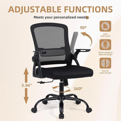 Office Chair, Ergonomic Desk Chair with Lumbar Support, Breathable Mesh Chair with Flip-up Armrests and Mid Back, Comfy Task Computer Height Adjustable Swivel Chair (2, Black)