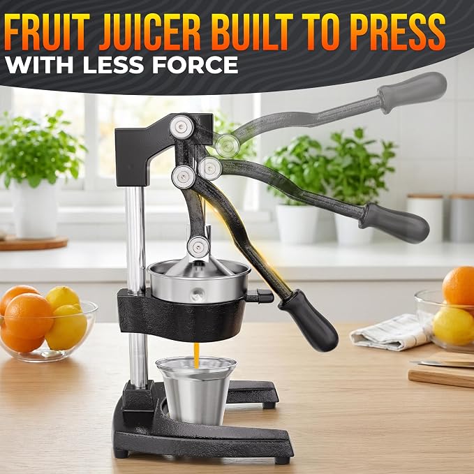 Cast Iron Juicer Hand Press, Heavy-Duty Squeezer – One Pull Extracts Full Juice with No Electricity – Manual Citrus Press Juicer & Orange Squeezer for Lemon, Lime, and Lemonade at Home or Bar (Black)