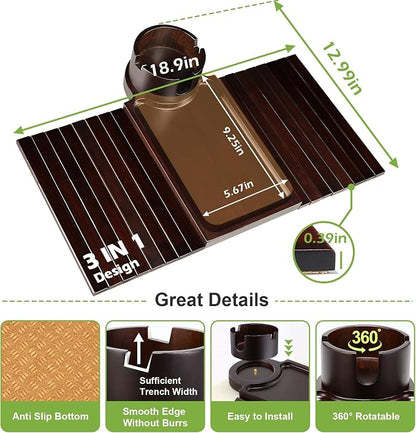 Couch Cup Holder Tray - 3 in 1 Couch Arm Table with 360° Rotating Phone Holder, Foldable Sofa Arm Tray for Drink Table, Snacks Table,Hold Cellphone Remote or Books