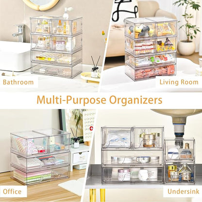 6 Pack Stackable Storage Drawers Clear Acrylic Organizer Makeup Bathroom Organizer and Storage Bins for Beauty Supplies,Ideal for Vanity, Bathroom,Pantry Organization