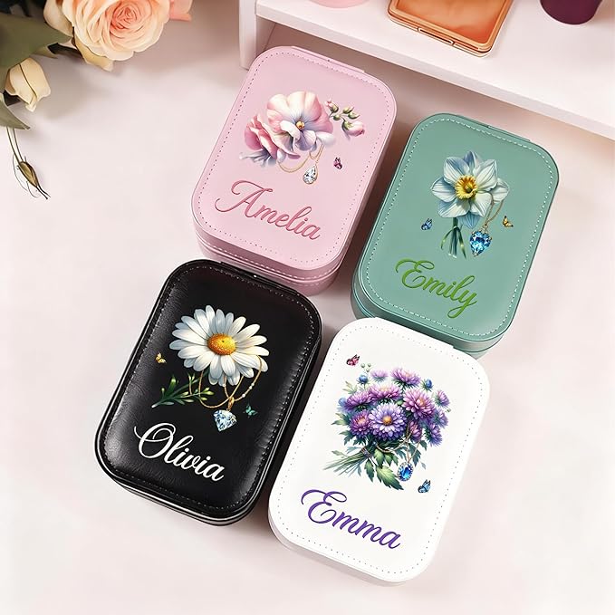 CALLIE Personalized Travel Jewelry Box for Women, Retro Gemstone Birth Flower PU Leather Jewelry Organizer Case with Name and LED Mirror, Valentine’s Day Birthday Gifts for Mom Sister Daughter Wife