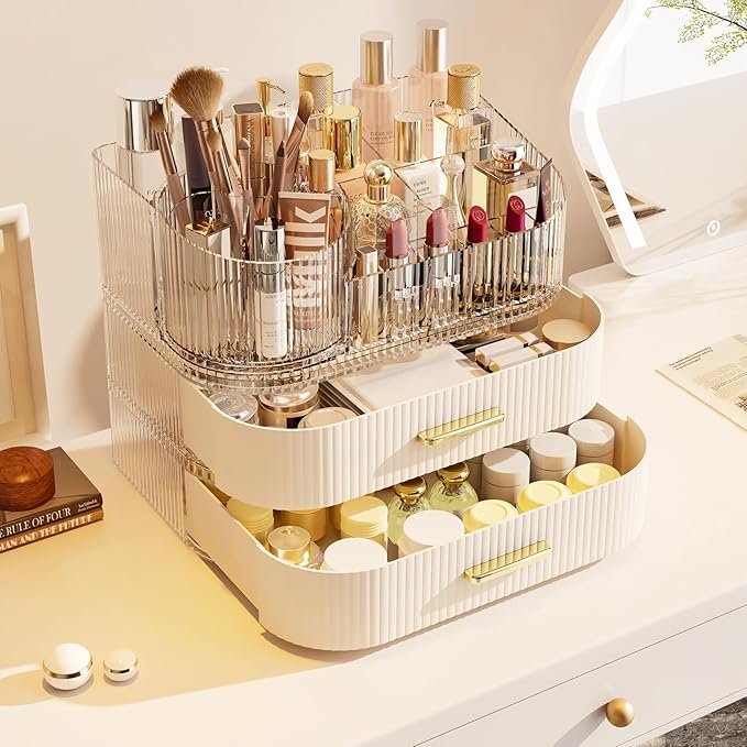 Makeup Organizer with 360 Rotating Brush Holder and Stackable Drawers, Cosmetic Display Case for Vanity, Bathroom Countertop (White, 3 Layer)