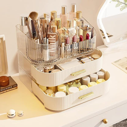 Makeup Organizer with 360 Rotating Brush Holder and Stackable Drawers, Cosmetic Display Case for Vanity, Bathroom Countertop (White, 3 Layer)