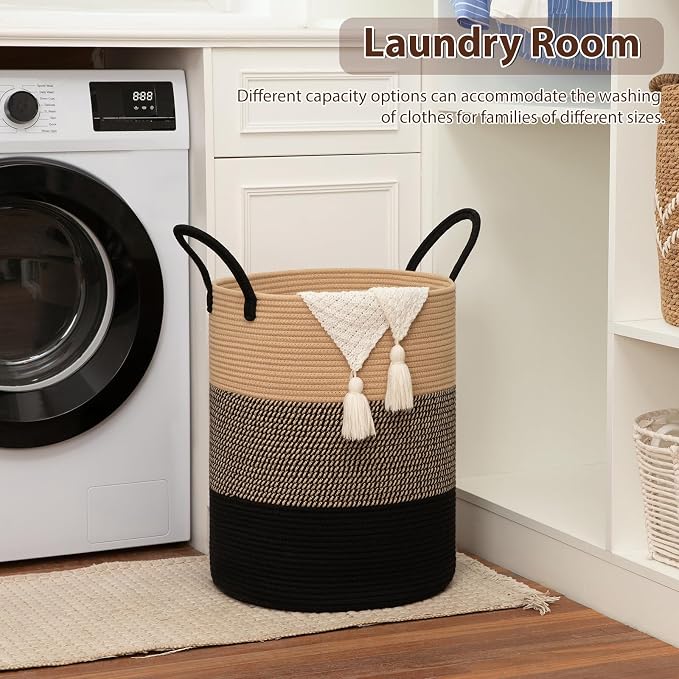 OIAHOMY Large Laundry Basket Hamper - 100L Cotton Rope Woven Basket for Blankets, Toys, Clothes - Tall Decorative Nursery Hamper with Long Handles, Yellow/Black