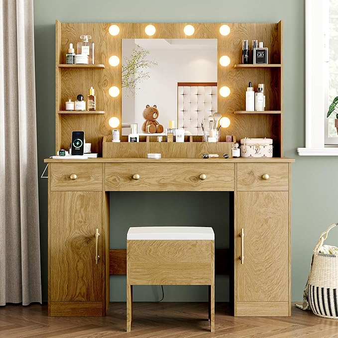 Vanity Desk with Mirror and Lights, 43'' Oak Makeup Dressing Table Set with 5 Drawers & Chair, Power Outlet, 3 Lighting Modes Adjustable Brightness & RGB LED for Women Girls Bedroom Bathroom