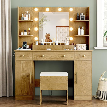 Vanity Desk with Mirror and Lights, 43'' Oak Makeup Dressing Table Set with 5 Drawers & Chair, Power Outlet, 3 Lighting Modes Adjustable Brightness & RGB LED for Women Girls Bedroom Bathroom