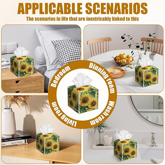 Watercolor Sunflower Tissue Box Cover 2PCS, Leather Tissue Box Holder Square Facial Paper Case Tissue Box Cube Organizer for Bathroom Bedroom Desk Office
