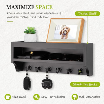 Nekon Key Holder Wall Mount, 12.8" W x 5.6" H x 3.7" D Wall Mounted Key and Mail Organizer with 6 Key Hooks, Key Racks for Home Entryway Decor (Black)