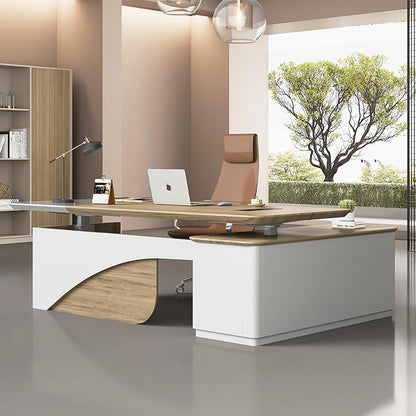 SAINTCY 86" L Shaped Standing Executive Desk with Drawers and Shelves,White Electric Adjustable Height Desk with Charging Station and Privacy Panel for Home and Office, Light Walnut