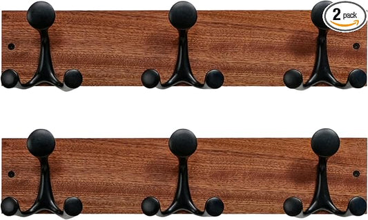 SKOLOO 17-Inch Wood Coat Rack Wall Mount with 3 Triple Hooks - Ideal for Family Entrances, Classrooms, and Pet Supplies Storage - Perfect Coat Hooks for Wall,Mahogany (Sapele), Pack of 2