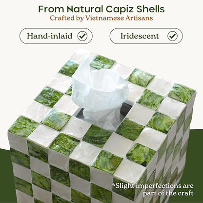 CHI AN HOME 5.5" Square Tissue Box Cover, Handmade Checkered Cube Tissue Box Cover with Capiz Shells, Decorative Tissue Holder for Living Room, Bathroom, Bedroom or Office (Pistachio Green)