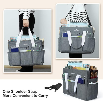 JJRING Craft Organizer Tote Bag, Large Art Storage Caddy with Multiple Pockets, Gray Sewing Bag for Art, Craft, Scrapbooking, School, Medical, and Office Supplies Storage